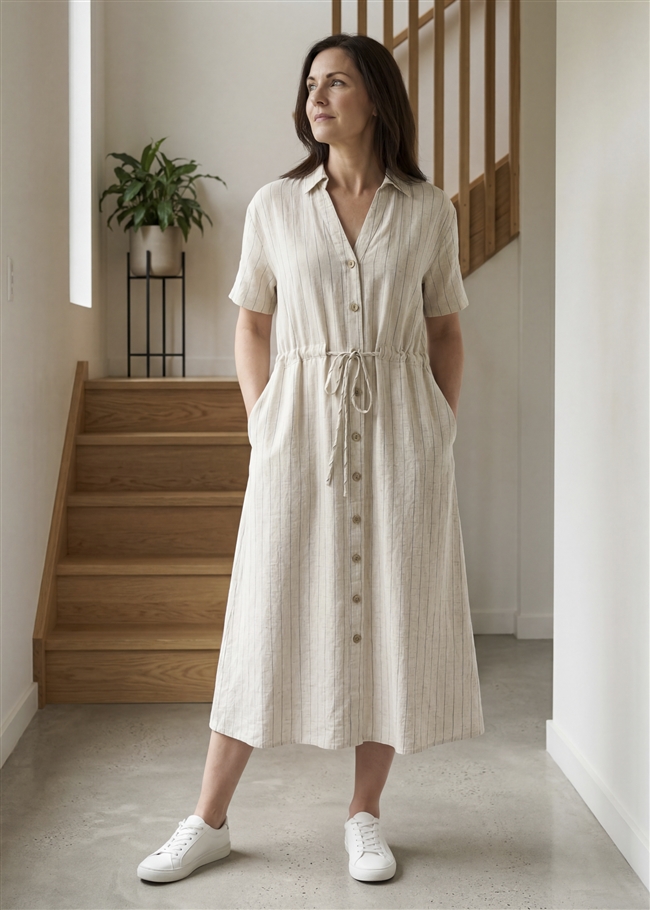 Linen Pinstripe Notch Neck Button Through Shirt Dress