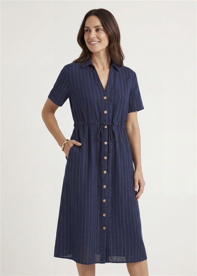 Linen Pinstripe Notch Neck Button Through Shirt Dress
