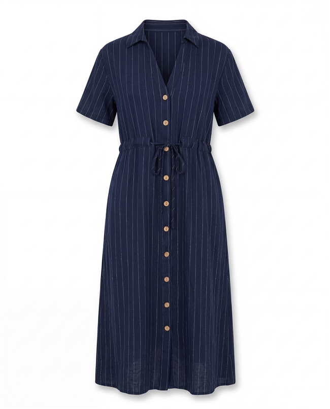 Linen Pinstripe Notch Neck Button Through Shirt Dress
