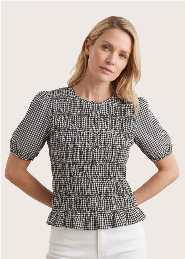 Gingham Check Shirred Bodice Top