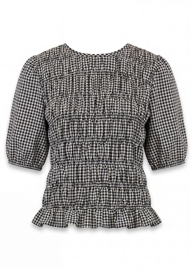 Gingham Check Shirred Bodice Top