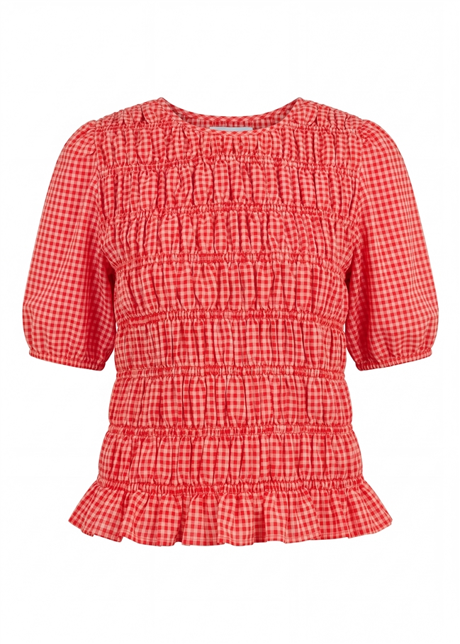 Gingham Check Shirred Bodice Top