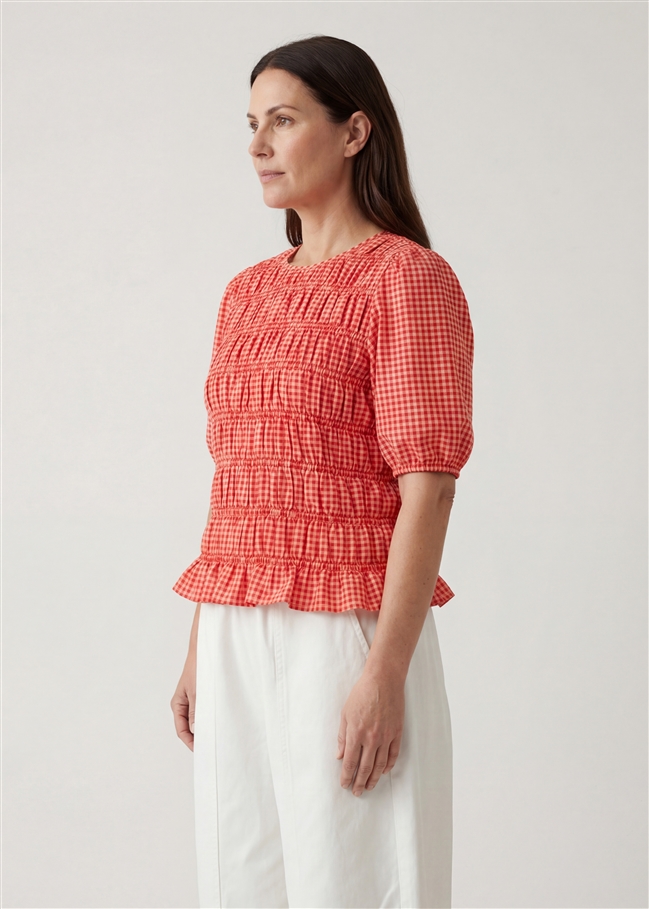 Gingham Check Shirred Bodice Top