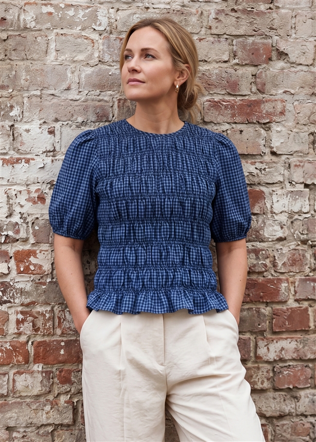 Gingham Check Shirred Bodice Top