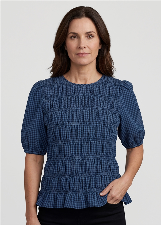 Gingham Check Shirred Bodice Top