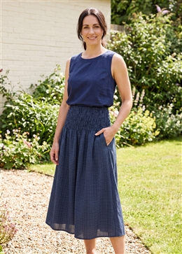 Gingham Check Shirred Skirt - Denim Blue - front view
