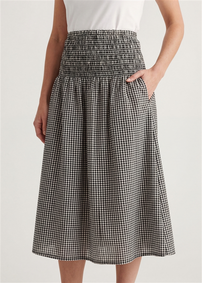 Gingham Check Shirred Skirt