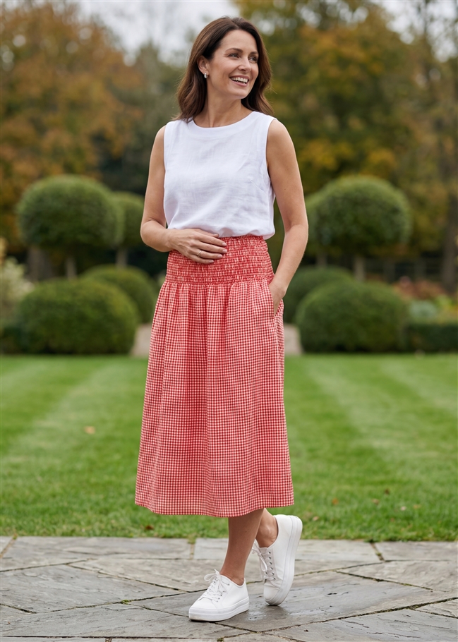Gingham Check Shirred Skirt