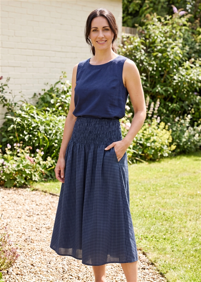 Gingham Check Shirred Skirt