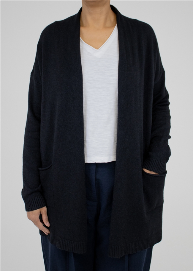 Cashmere Like Soft Collar Long Cardi W/Fashioned Pkts