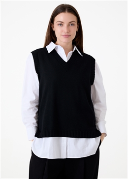 Cashmere Like V Neck Tank Top - Black - front view